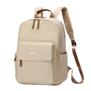 Minimalist beige nylon backpack with large capacity and stylish front metal bar detail