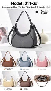 Detail view of woven hobo bag with leather trim and sizing specs 25x9x22cm