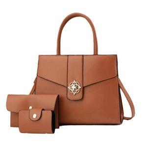 Chic 3-piece caramel PU leather handbag set with tote, wallet and card holder