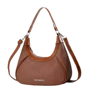 Brown woven crescent hobo bag with leather trim and adjustable shoulder strap