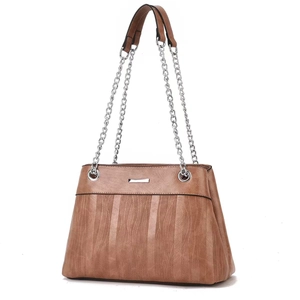 Macro detail of brown leather bag showing premium vertical ripple texture and metal chain strap