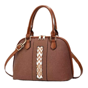 Retro brown contrast stitching large capacity handbag with woven pattern and top handle