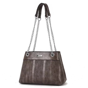 Deep brown striped shoulder bag with silver chain strap and vintage leather texture