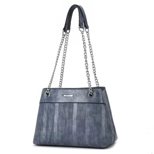 Deep blue-grey striped crossbody bag with silver chain strap and wavy embossed texture