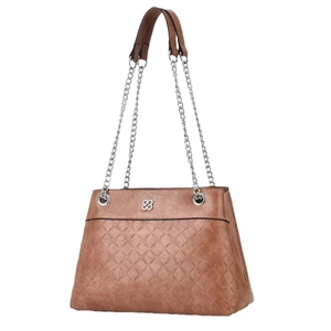 Brown quilted leather shoulder bag with floral embossing and silver chain strap