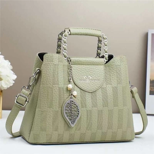 Elegant bean green bucket bag with grid embossing and metal chain handle for women