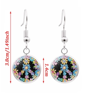 Silver peace sign drop earrings with colorful floral pattern and 3.8cm length measurements