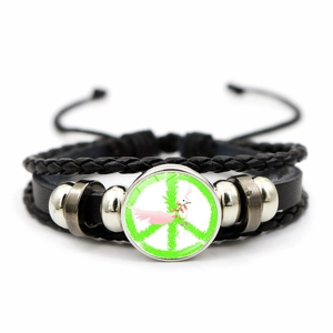 Multilayer braided leather bracelet with green peace sign glass pendant and silver beads