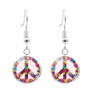 Silver peace sign drop earrings with colorful floral daisy pattern on white background