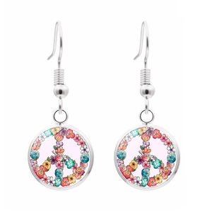 Silver peace sign earrings with colorful floral patterns and bohemian hook design