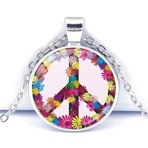 Collana con segno di pace e motivo floreale colorato sotto ciondolo in vetro