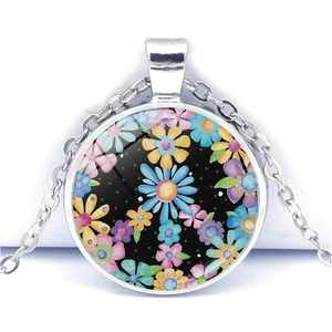 Collana Con Pendente Segno Della Pace Lega Zinco Vetro Farfalla Motivo Floreale Cabochon Tondo Gioielli Retro