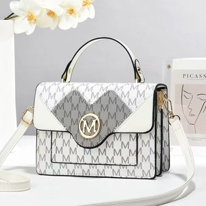 Elegant white crossbody bag with grey letter patterns and gold heart-shaped M clasp