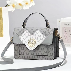 Square crossbody handbag with M-letter print and golden logo in gray and white