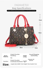 Size chart for women's large PU handbag with detailed dimensions and material info