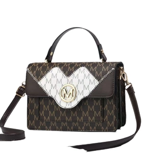 Chic monogrammed square handbag in dark brown and cream white with gold M-buckle