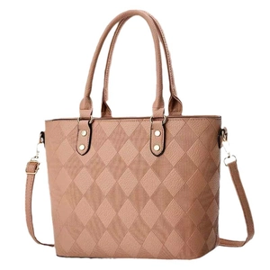 Brown quilted bucket bag with large rhombus pattern and adjustable shoulder strap