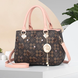 Brown checkered pattern large tote bag for women with pink handles and gold hardware