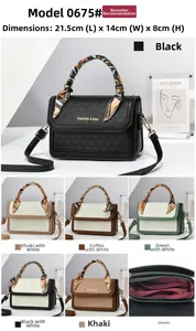 Detailed view of women's quilted crossbody bag with silk scarf handle and size indicators