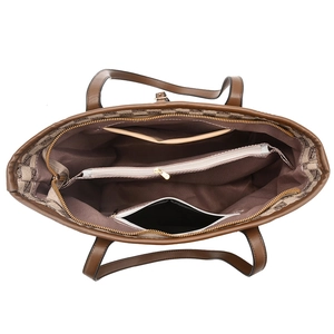 Top-down view showing interior multi-compartment storage and brown fabric lining of bucket bag