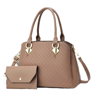 Quilted multi-layer tote bag and matching pouch set with golden hardware in dusty pink