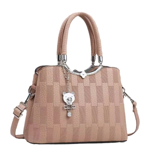 Pinkish brown checkered shoulder bag with twin handles and a cute silver bear pendant