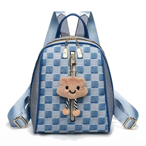 Blue and silver checkerboard backpack with large capacity and cute plush bear charm decoration