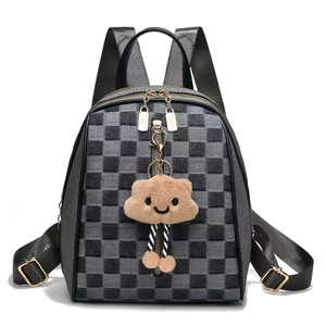 Mini Backpack PU Leather Checkerboard Pattern Fashion Travel Bag With Plush Charm For Women Girls Lightweight Aesthetic