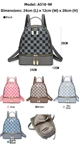 Detail view of checkerboard backpack with multiple inner pockets and gold zippers