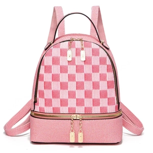 Pink and white checkerboard backpack with gold zippers and large capacity compartments