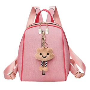 Pink cartoon student backpack with large capacity and plush cat charm on white background