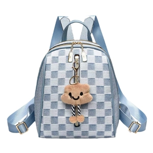 Blue and white checkered mini backpack with cute brown plush cloud charm and gold zippers