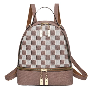 Brown checkerboard woven backpack with dual compartments and golden zippers on white background