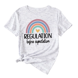 Detail of grey heather t-shirt featuring rainbow print and tied knot styling detail