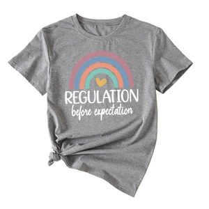 Detail of grey t-shirt showing rainbow print and REGULATION text with front knot