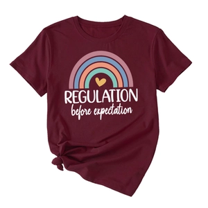 Burgundy round neck T-shirt with REGULATION slogan and stylish side knot detail