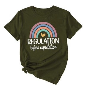 Detail of army green T-shirt featuring rainbow heart print and slogan text with side knot