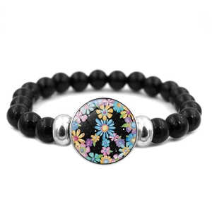 Beaded Bracelet Resin Glass Peace Sign Pendant Black Elastic Hand Jewelry For Men Women Fashion Gift