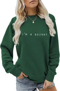 Detail of dark green crewneck sweatshirt featuring white I'M A DELIGHT letter print