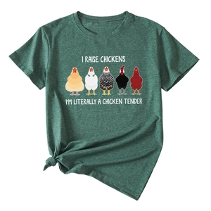 T-shirt vert foncé pour femme avec illustrations de poulets et design noué sur le devant