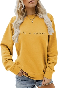 Detail of yellow round neck sweatshirt featuring I'M A DELIGHT printed slogan and drop shoulders