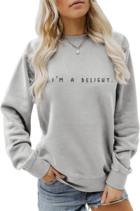 Front view of grey crewneck sweatshirt with I'M A DELIGHT black text print detail