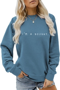 Detail of greyish-blue crew neck sweatshirt with white I'M A DELIGHT text and necklace