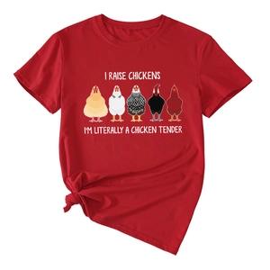 T-shirt femme rouge avec motifs de poulets et texte humoristique Chicken Tender