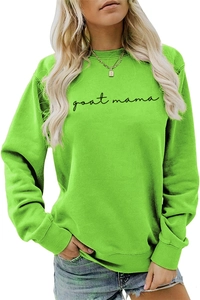 Dettaglio felpa girocollo verde neon con stampa di lettere nere goat mama