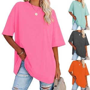 Detail of loose fit crew neck women's t-shirts in multiple colors and soft cotton fabric