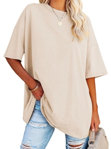 Close-up of beige oversized women's T-shirt with drop shoulders and round neck detail