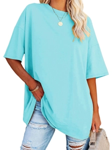Detail of loose fit sky blue short sleeve t-shirt with crew neck and dropped shoulders