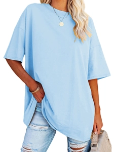 Close-up of light blue oversized round neck T-shirt with dropped shoulder design for women
