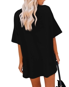 Oversized black crewneck T-shirt dress featuring a loose street style side-back view